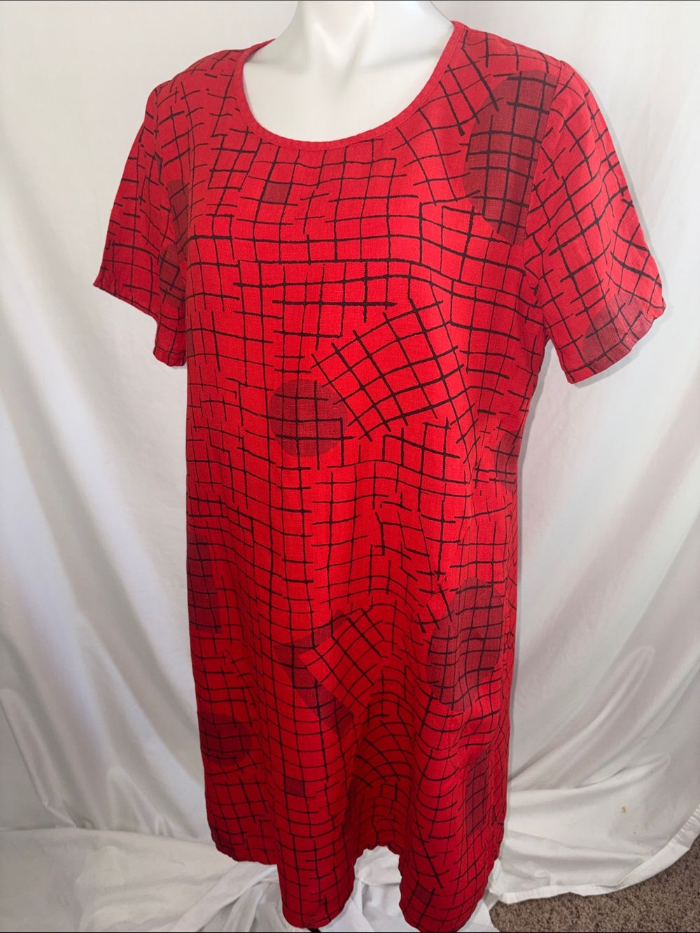 Fenini Red Grid Print Linen Short-Sleeve Women's Dress